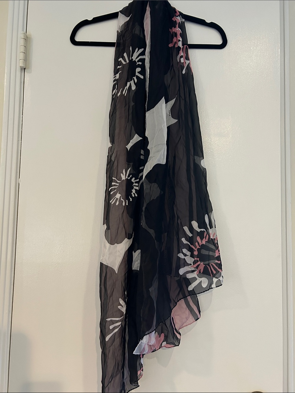 Furla Black Sheer Scarf with White and Pink Floral Print